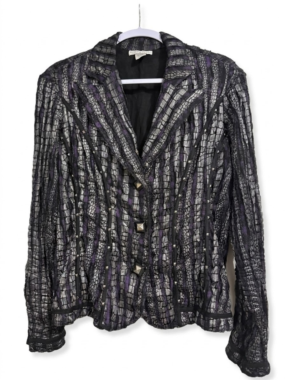 Alberto Makali Metallic Crinkle Mesh Studded Blazer Jacket XL Black Purple
